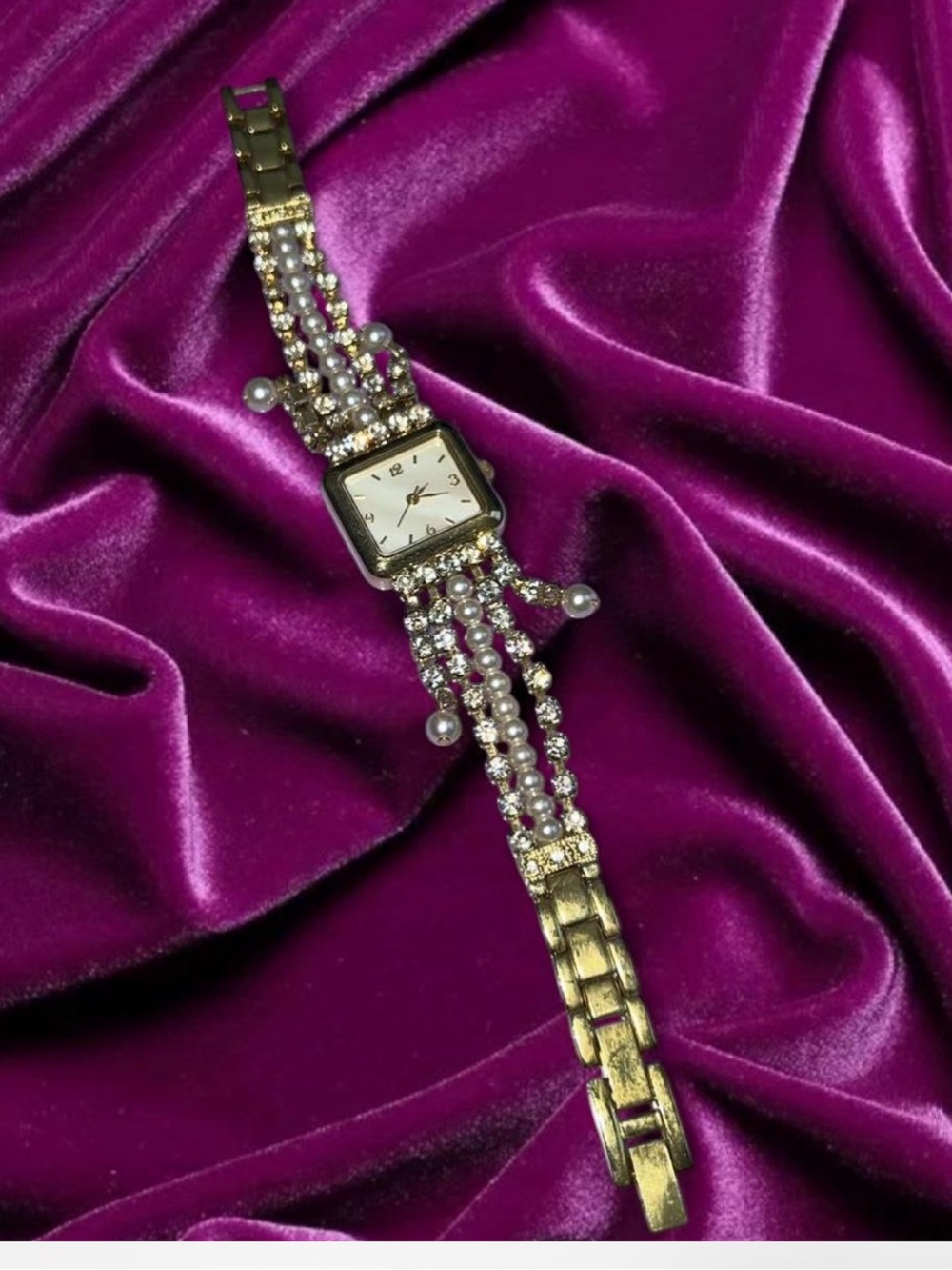 Elegant Gold-Tone Pearl & Crystal Women's Bracelet Watch